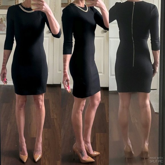 H&M Dresses & Skirts - H&M black 3/4 half sleeve gold curb link chain midi bodycon sheath dress